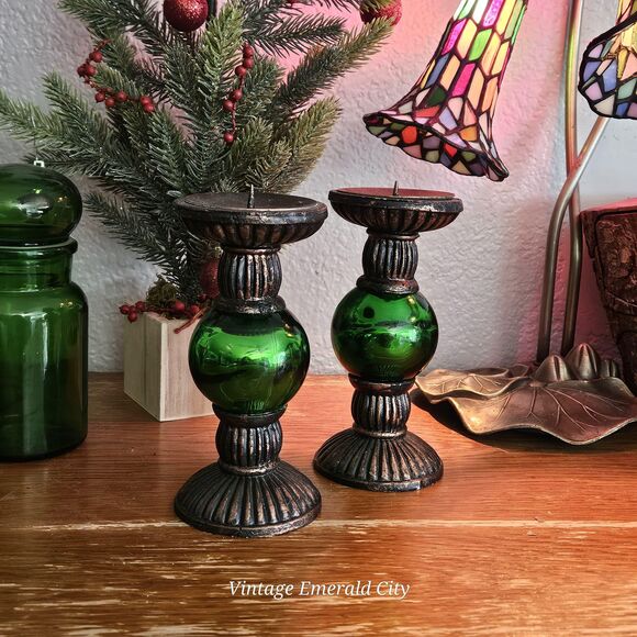 Vtg Rare Metallic Green Chunky Candlestick Candle Holder Set of 2 Festive Decor - Picture 3 of 12
